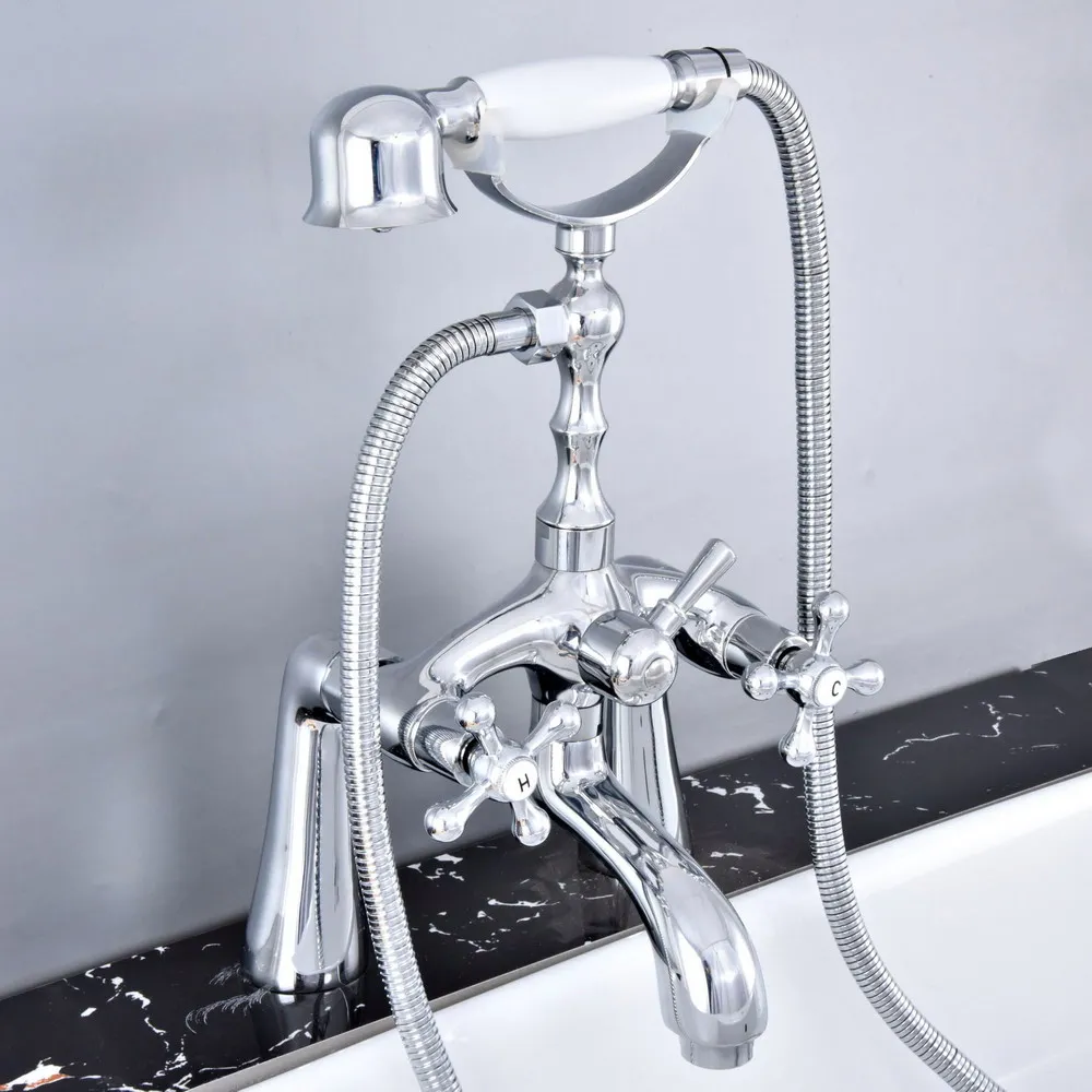 

Polished Chrome Deck Mounted Bathroom Tub Faucet Dual Handles Telephone Style Hand Shower Clawfoot Tub Filler atf755