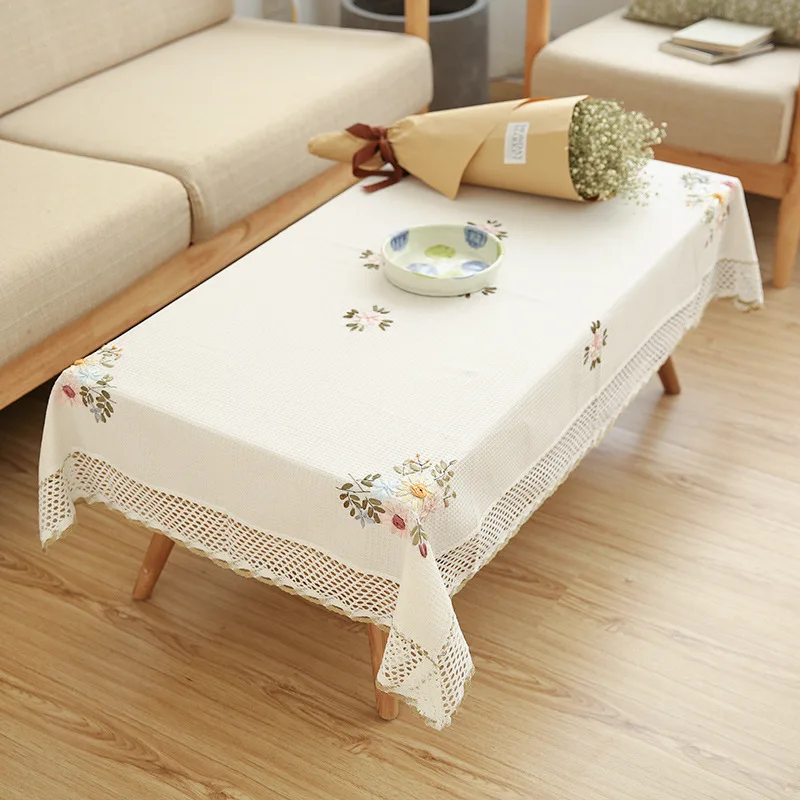 Senisaihon Europe Flowers Tablecloth White Hollow Lace Cotton Linen Dustproof Table cloth Wedding B