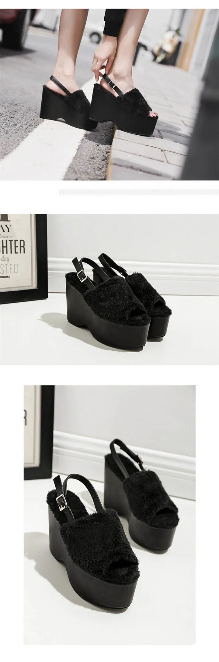 Autumn Women Sandals Peep Toe Buckle Soft Fur Cotton Insole Cozy Fashion Wedge Platform Women's Shoes Black 12cm Super High Heels (2)