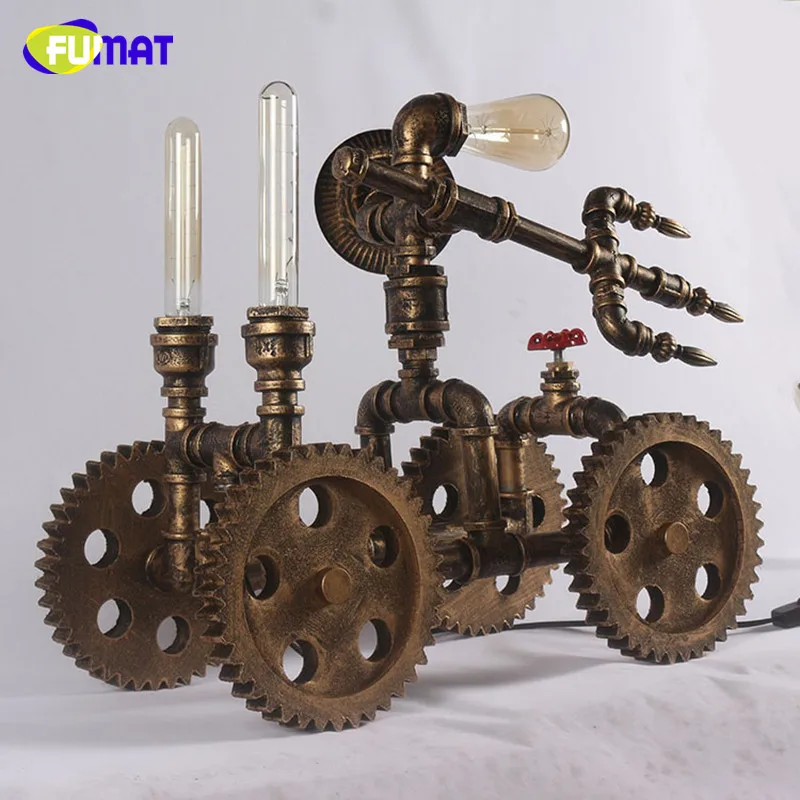 FUMAT Retro Antique Table Lamps Cafe Living Room Loft Industrial Gear Desk Lamp for Bar Decoration Water Pipe Wheel Table Lamp