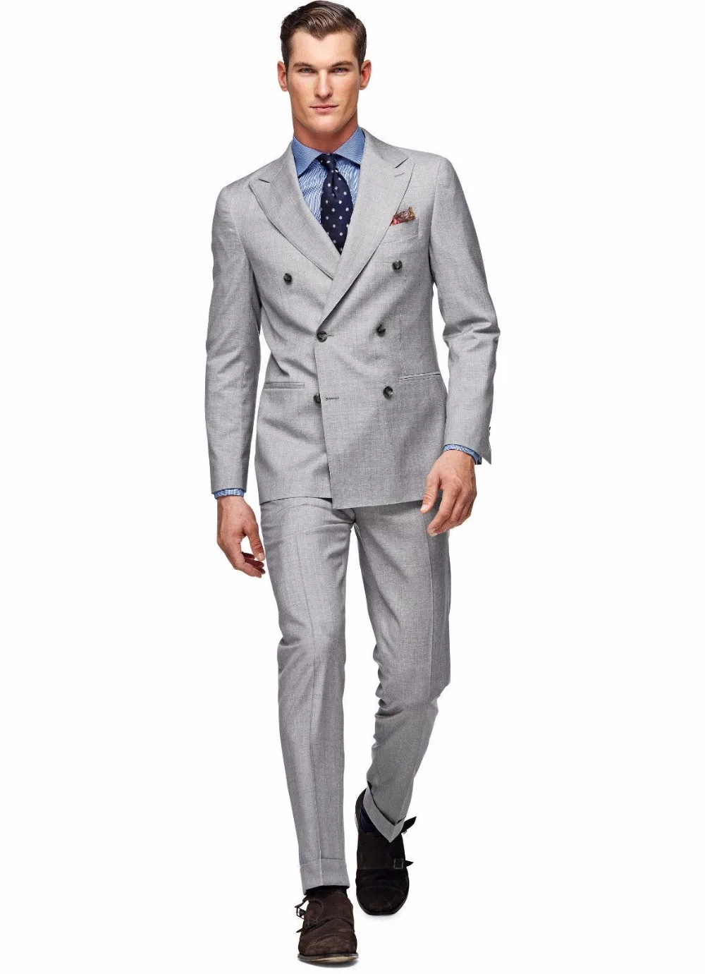 

Peaked Lapel Breasted Suits Light Gray Fashion Tuxedos Blazer Men (Jacket+Pants+Tie+Handkerchiefs)Custome Homme Terno Masculino