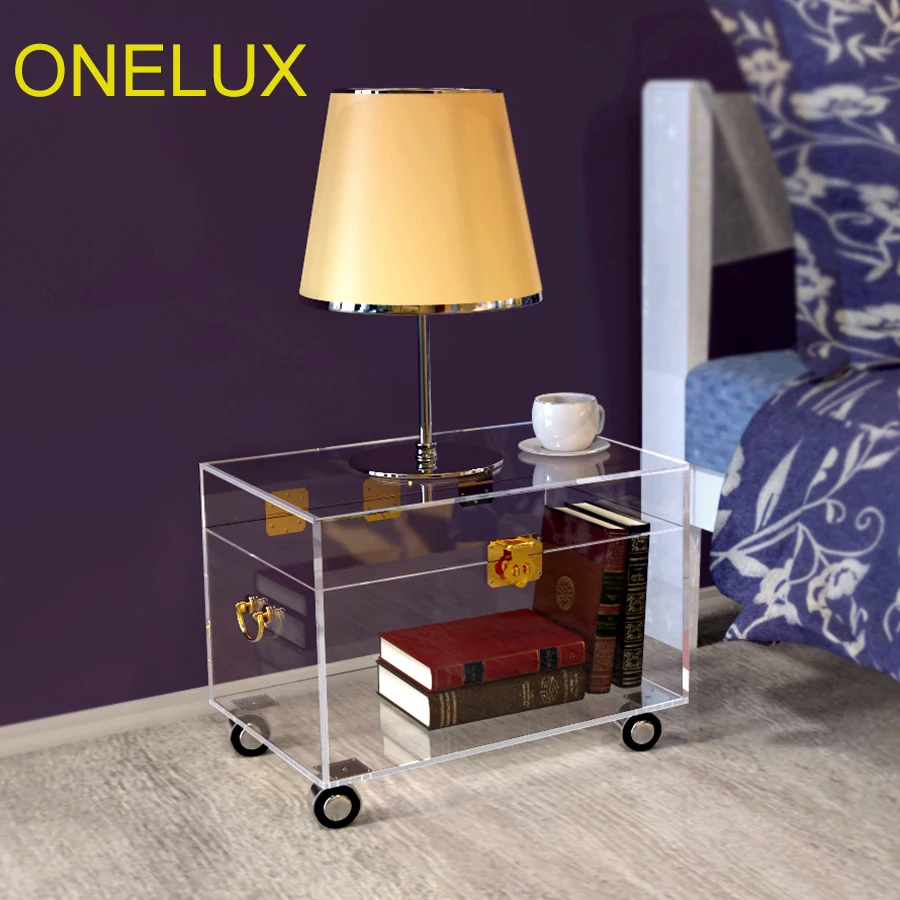 ONELUX Clear Acrylic Storage Chest ,Lucite Trunk Coffee Table On Wheels