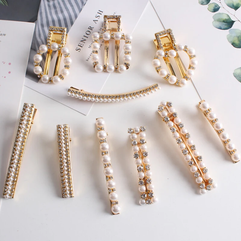 1pc Sweet Pearl Geometric Rectangle Water Drop Hairclips Metal Gold Sliver Color Hair Clips Hairpins For Girls Women New