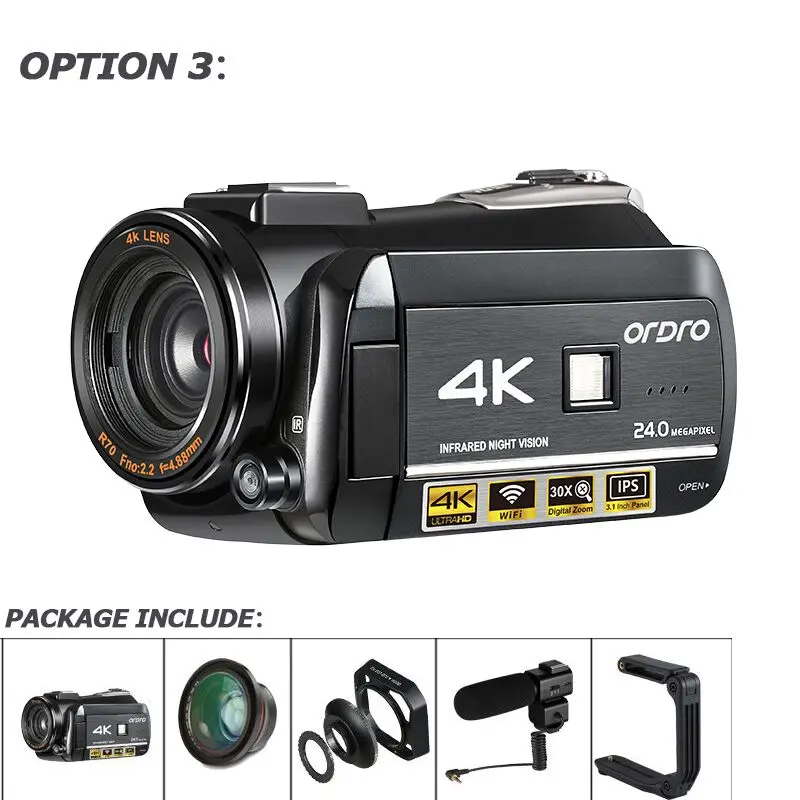 ORDRO HDR AC3 UHD 4K цифровые видеокамеры FHD 1080P 24MP WiFi 3 0 &quotсенсорный экран 30x зум Мини DV Cam