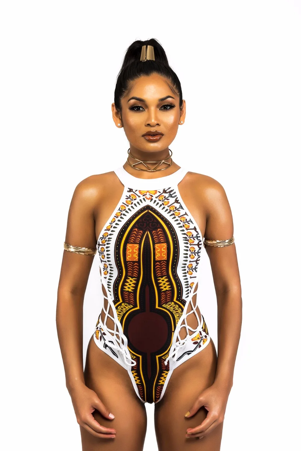 

New African Ethnic Printing Swimwear Vintage One Piece Bandage Swimsuit 2017 Tankini High Neck Bathing Suit Bodysuit For Women
