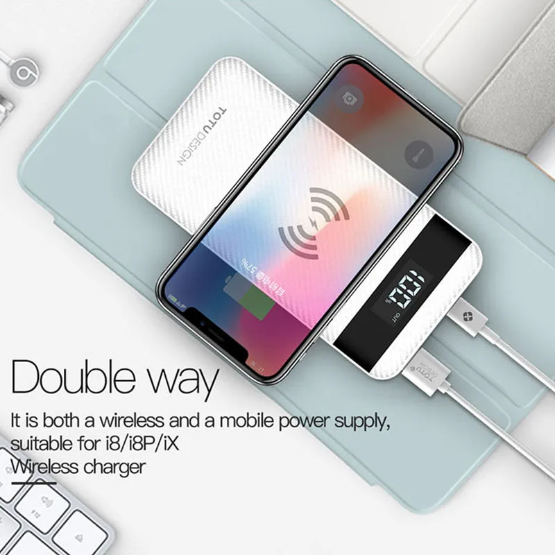 TOTU 10000mah QI Wireless Charger Power Bank For iPhone X 8 Plus LED Display Dual USB External Battery Powerbank For Samsung S8