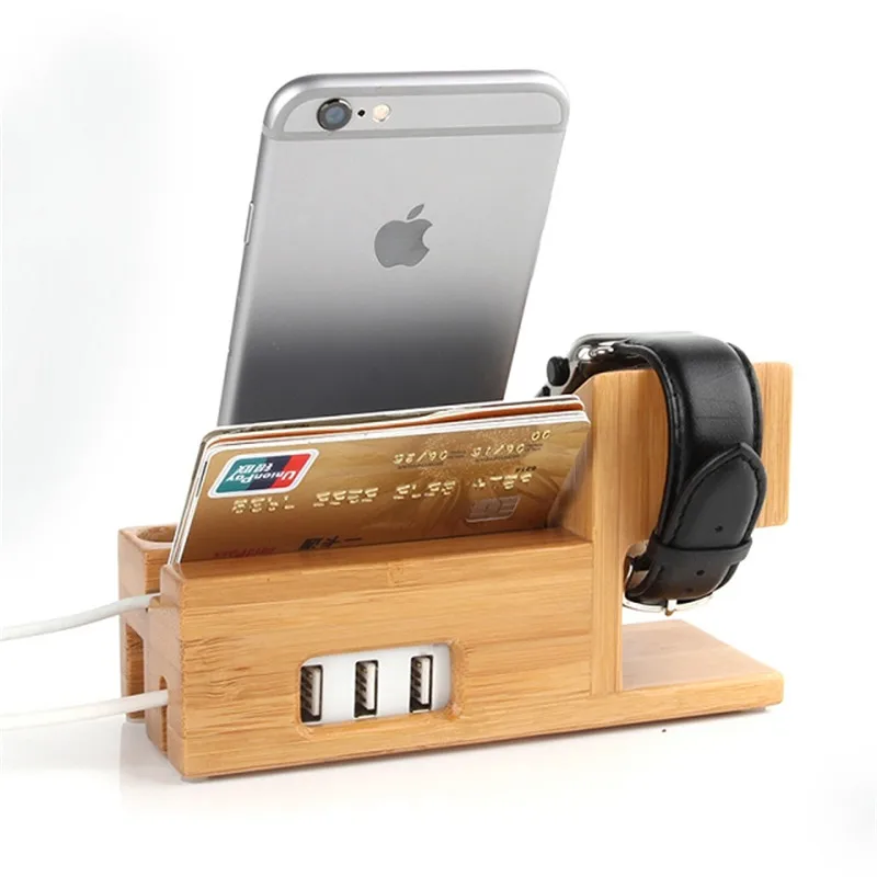 Настоящий Натуральный Бамбуковый кронштейн для Зарядка для часов Apple док-станция Колыбель с 3 usb-портом держатель для телефона для Iphone samsung htc