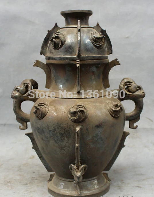 

xd 00852 12" Marked Chinese Dynasty Superb Pure Bronze Copper Sheep Head Statue Jar Pot