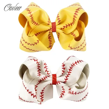 

2pcs/Lot 7" Big Yellow White Softball Soft Leather Hair Bow With Clip Girl Sport Hair Accessories