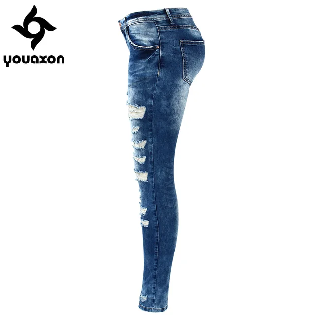 2045 Youaxon Women`s Celebrity Style Fashion Blue Low Rise Skinny Distressed Washed Stretch Denim Jeans For Women Ripped Pants 2