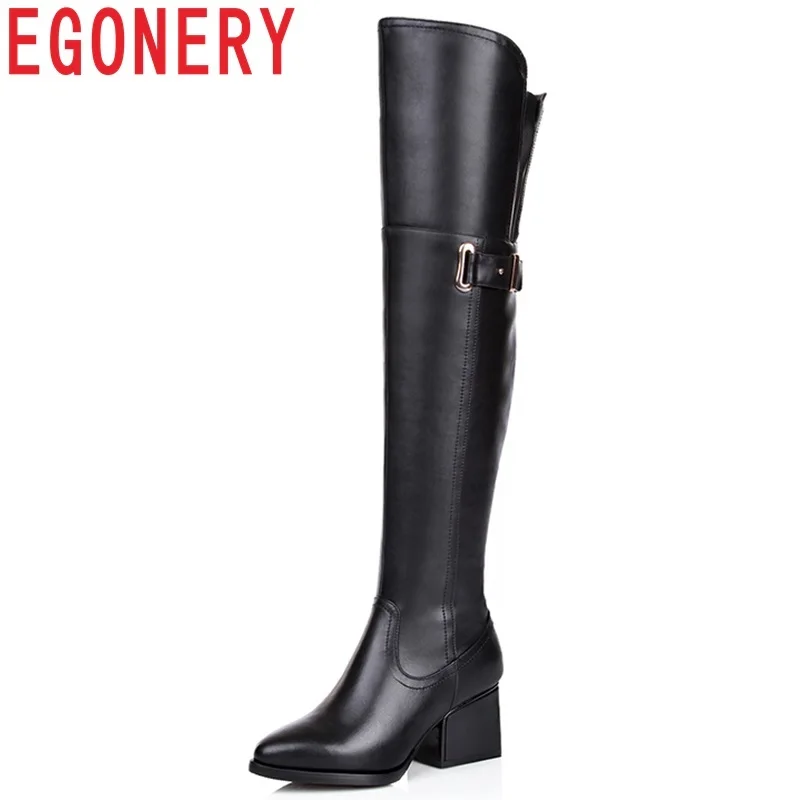

EGONERY shoes women high quality new genuine leather metal decoration pointed toe high square heel platform over the knee boots