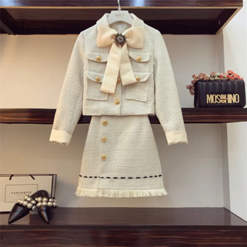 

High Quality 2019 Autumn Runway Tweed 2 Piece Set Skirt Women Winter Black Bow Jacket Coat+High Waist Mini Tassel Pencil Suits