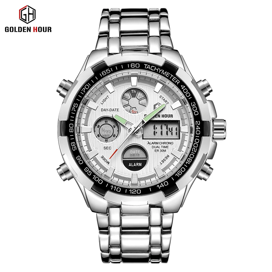 Top Brand Luxury Men Sports Watches Full Steel Golden Plating Waterproof Alarm Date LED Digital Ana