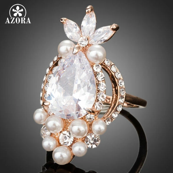 AZORA Fish Design Rose Gold Color Clear Cubic Zirconia With Pearl Ring TR0117