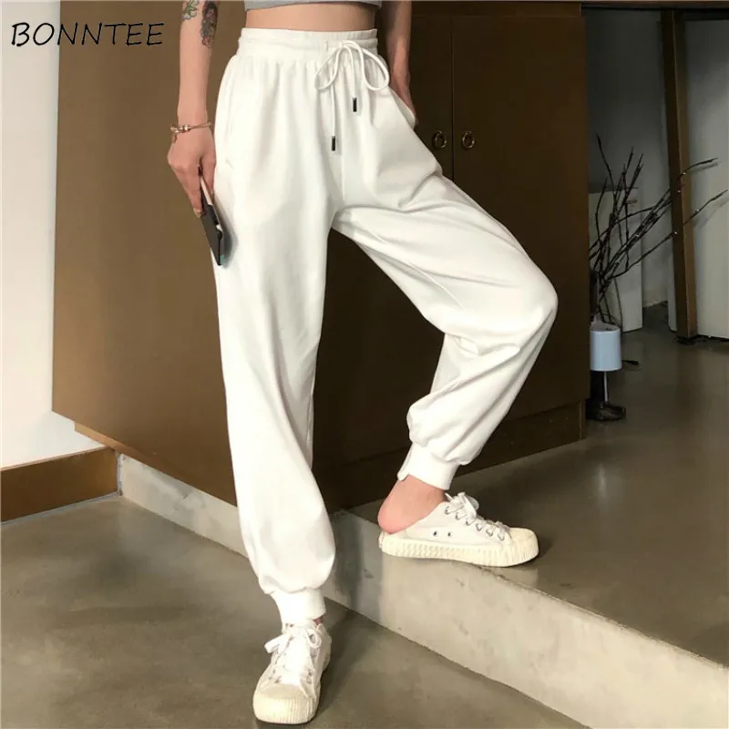 

Pants Women Simple Loose Ankle-Length Trousers Korean Style Drawstring Students Soft Womens Solid Summer Breathable Ladies Daily