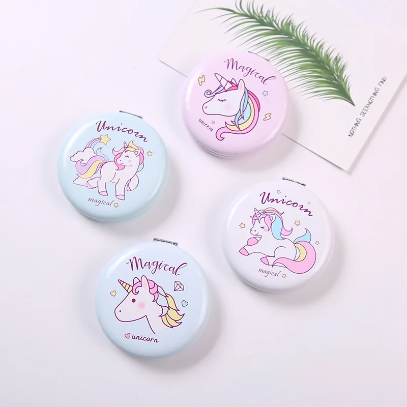 

Rainbow Unicorn pu leather high-grade portable folding double-sided mirror round big Hamburger mirror portable cosmetic mirrors