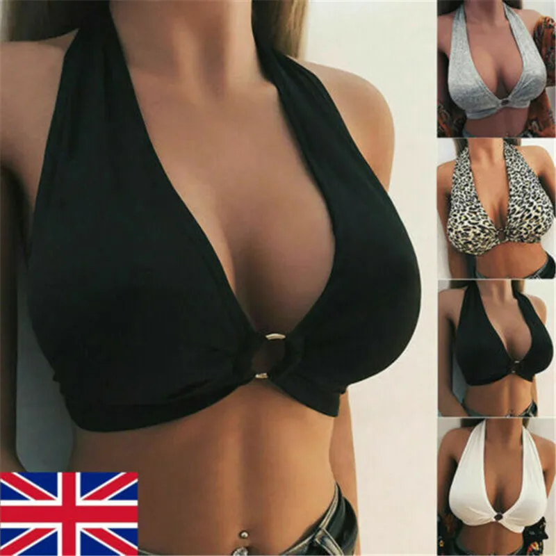 

Womens Front Buckle Bralette Bralet Bra Bustier Crop Top Unpadded Tops Leopard Halter Neck Strappy Crop Top Bra Top