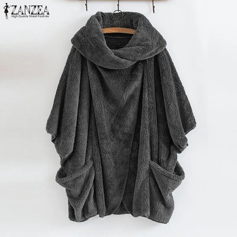 ZANZEA, зимние теплые пушистые куртки, женские пальто с рукавом, женская верхняя одежда на пуговицах, пончо, осенний кардиган размера плюс, топы