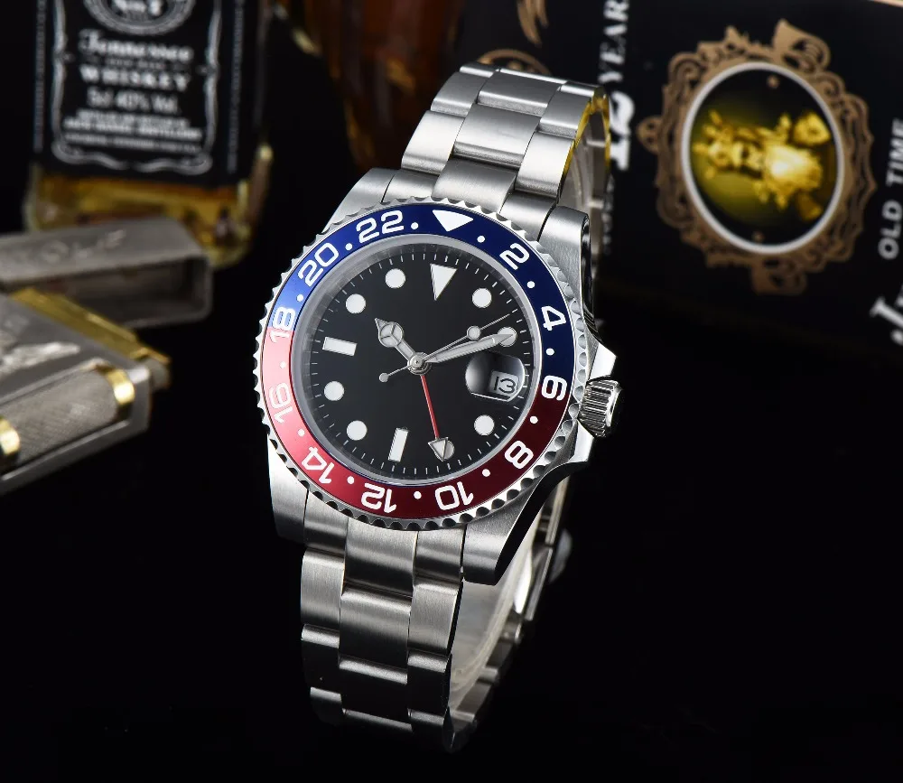 Автоматические часы 40 мм GMT Синий и Красный Безель стерильный циферблат часы с сапфировым стеклом браслет из нержавеющей стали движение A22-22