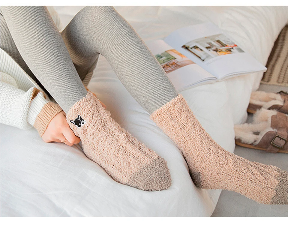 2019 Winter New Embroidered Animal Puppies Cat Lady Floor Sock Thick Section Warm Home Coral Velvet Ladies Socks Wholesale (11)