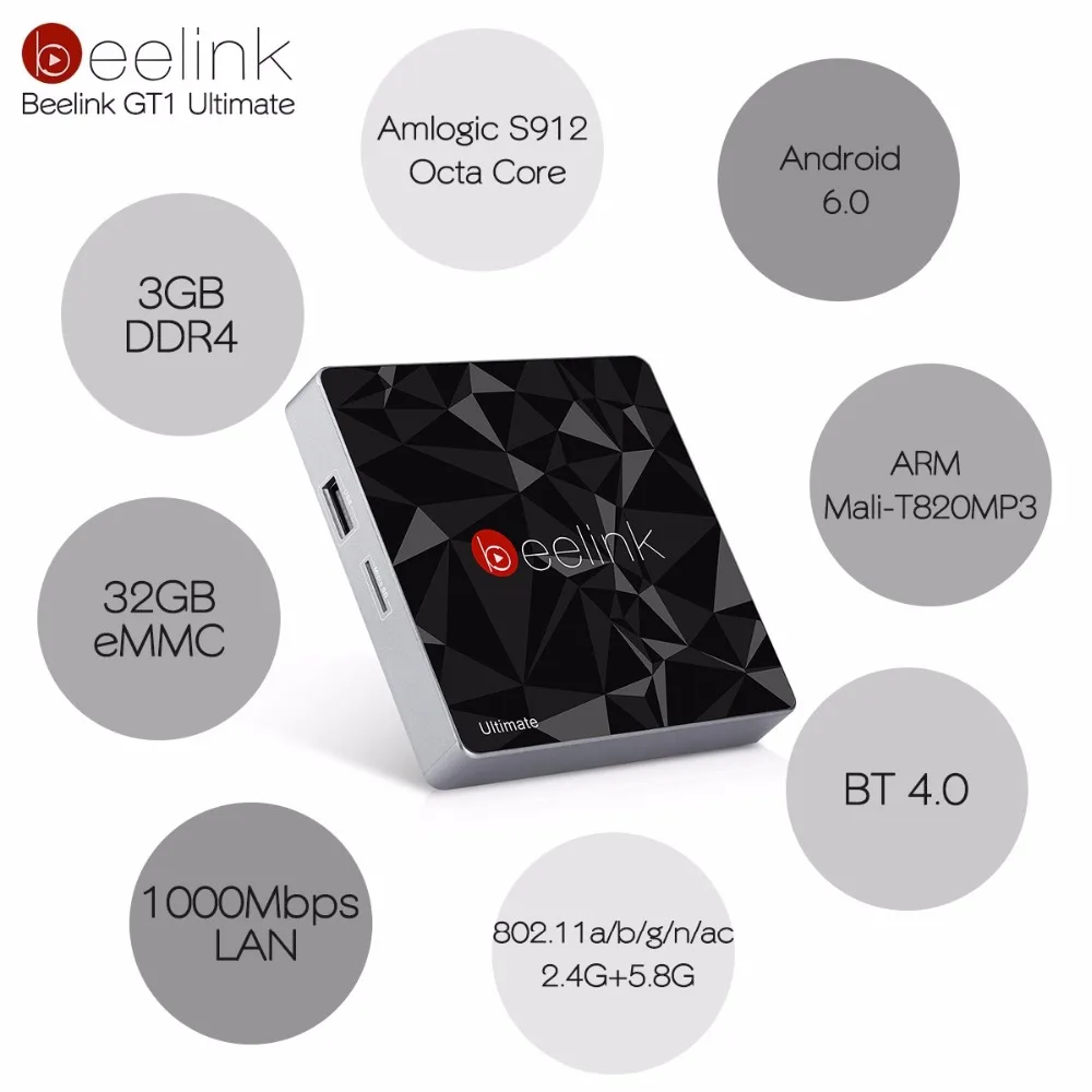 Новейшая ТВ-приставка Beelink GT1 Ultimate 3g 32G Amlogic S912 cpu Android 6,0 медиаплеер GT1 Ultimate 5G Wifi смарт-ТВ приставка PK X92 X96