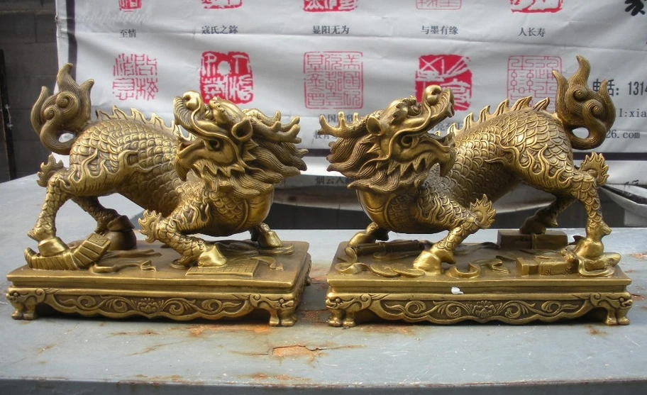 

bi001361 Chinese Classical pure brass Evil Door pixiu lions Dragon statuary pair