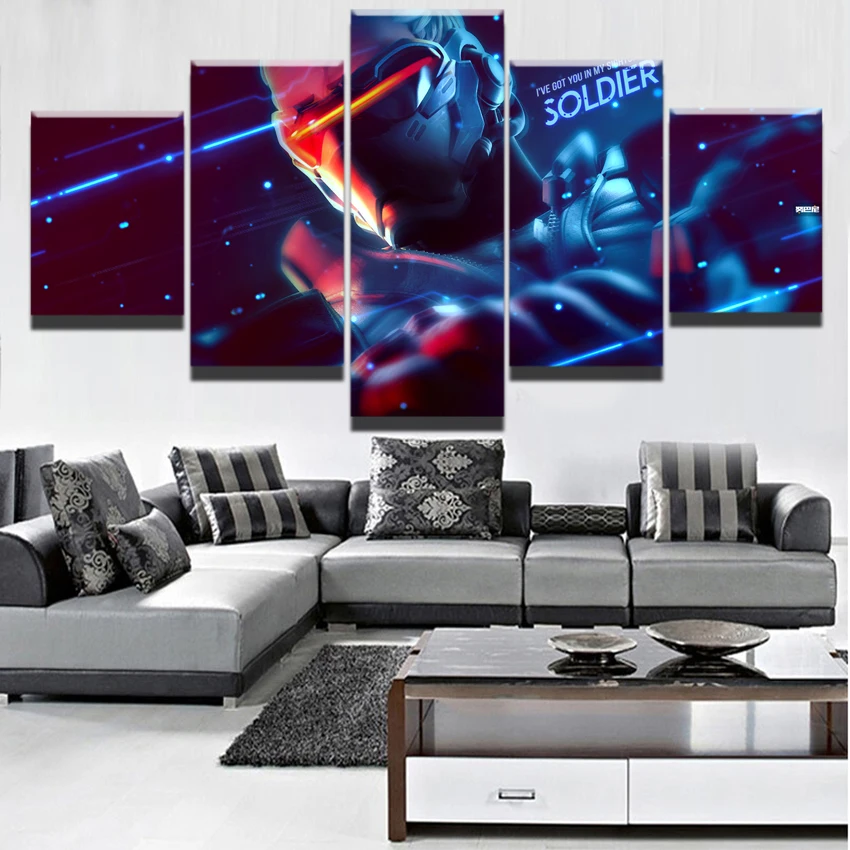 

Canvas Modern Home Decorative Paintings Wall Art 5 Pieces Overwatch Soldier 76 Posters For Living Room HD Printed Game Pictures