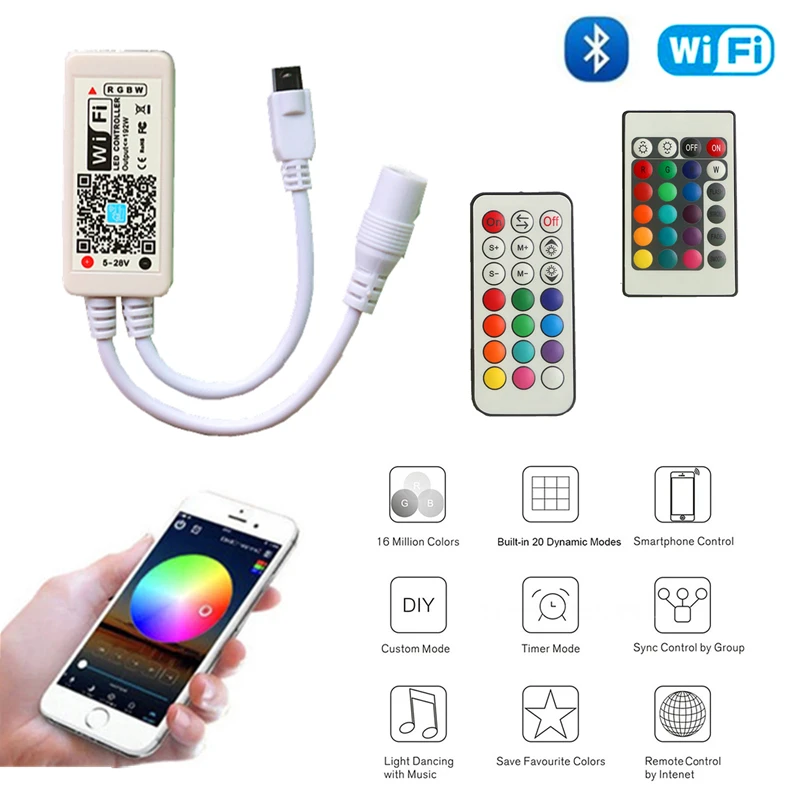 

Bluetooth WiFi Music IR RF Remote Smartphone Single Color RGB RGBW Pixel Controller Android IOS for 5V 12V 24V LED Strip light