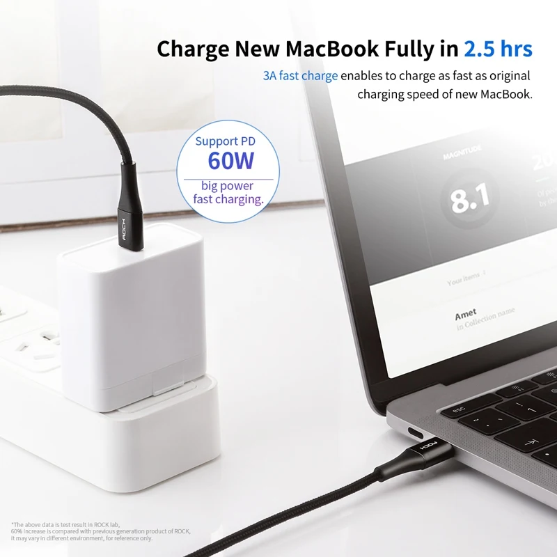 Рок-н-3M Тип usb C Тип C кабель для Macbook Pro USBC PD 60 Вт быстрой зарядки Зарядное устройство Шнур USB-C Тип-C для samsung мобильного телефона