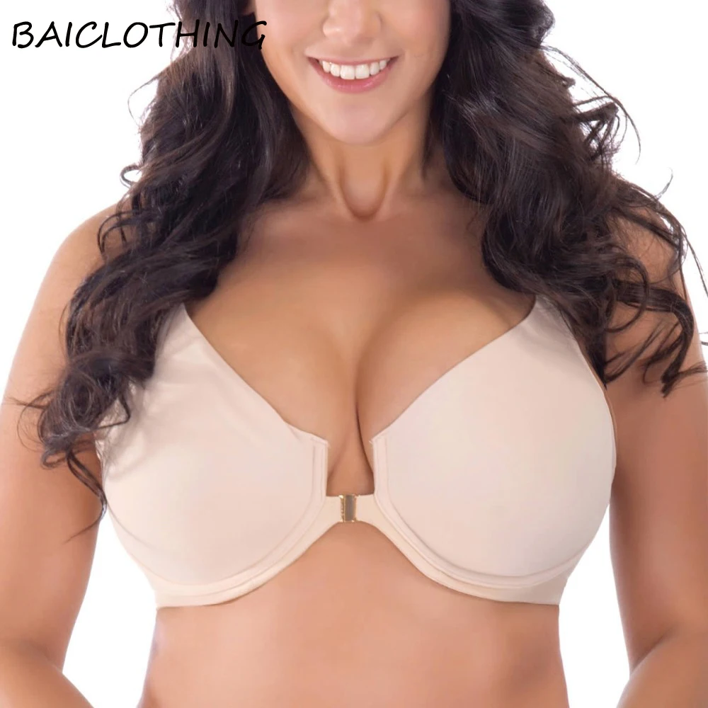 

BAICLOTHING Womens Seamless Front Closure Underwire Y-line Strap Lingerie Full Coverage Push Up Bra 34 36 38 40 42 44 C D DD DDD