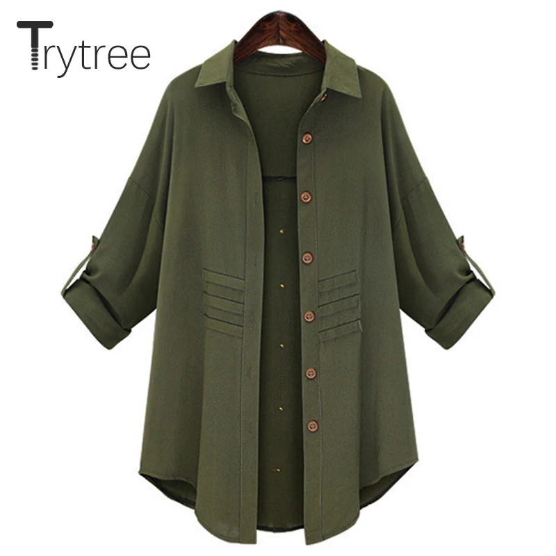 Günstige Trytree Sommer Herbst Frauen Lange Bluse Casual Polyester hemd drehen unten Kragen Armee Schwarz Tops kleidung Casual Solide Shirts