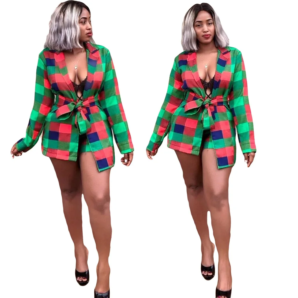

Plaid 2 Piece Set Women Turn Down Collar Full Sleeve Long Coats with Sash and Plaid Short Sets Autumn Women Two Piece Outfits