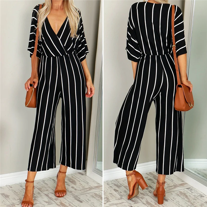 Fashion Women Autumn Jumpsuit Holiday Sexy V-Neck Three Quarter Sleeve Striped Loose Wide Leg Jumpsuit Playsuit Combinai F#S04 (7)