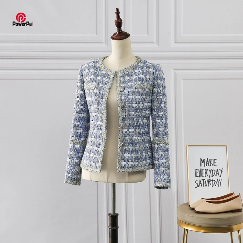 

Personal Custom Good Blue White Tweed Blends Jacket Long Sleeve Spun Gold Trimming Casual Business Women Spring Coat