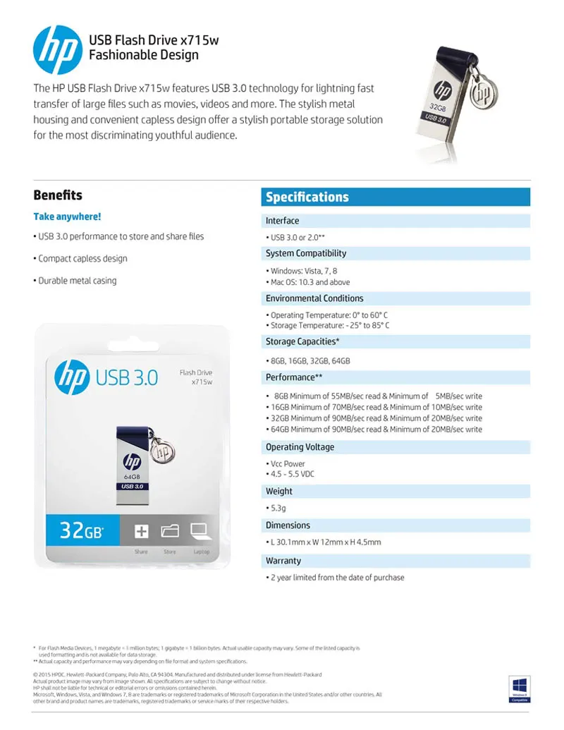 hp USB флэш-накопитель 64 ГБ 32 ГБ 16 ГБ Металл USB3.0 металлический Флешка карта памяти, носитель Penna USB U диск x715w