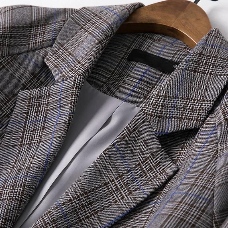 Shuchan England Style Plaid Long Woman Blazer 2019 Double Breasted Notched Blaser Feminino Women's Jacket Casaco Feminino