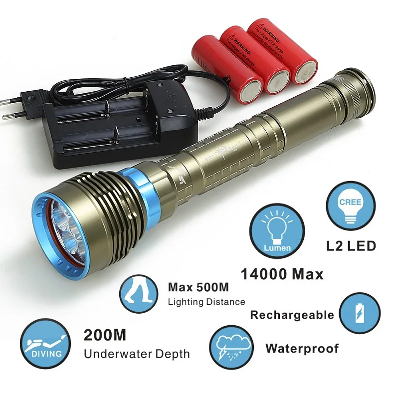 Waterproof 10000 LM T6 LED Diving SCUBA Adjust Flashlight 26650 Light Aluminum 