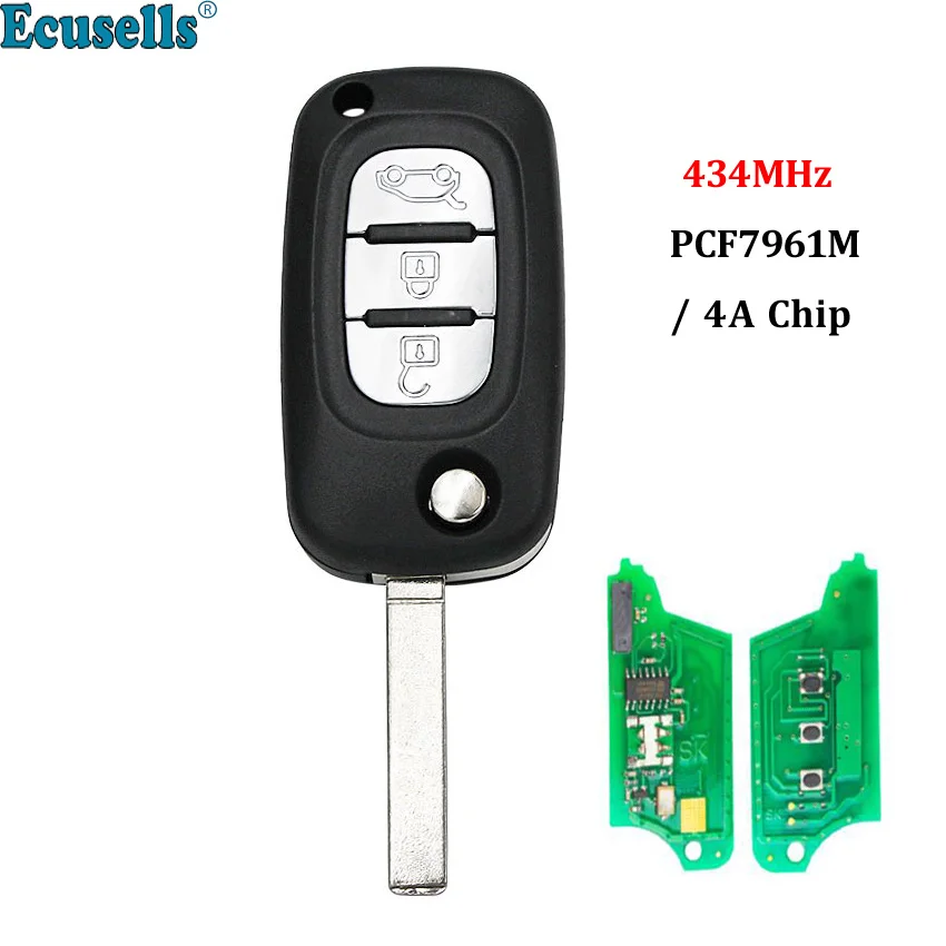 

3 Button Remote Key Fob 434MHz PCF7961M 4A Chip for Renault Symbol Megane 3 Captur Kadjar 2013-2017 VA2 uncut blade