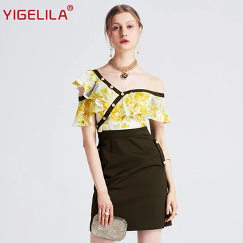 

YIGELILA 2019 Women Ruffles Mini Dress Summer Fashion Sexy V-neck Patchwork Empire Slim Above Knee Lace Party Dress 62759