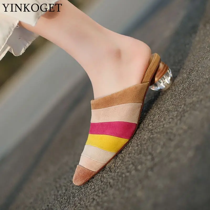 

YINKOGET Spherical heel soft sheepskin genuine leather women slippers mixed colors summer women sandals fashion sexy flip flops