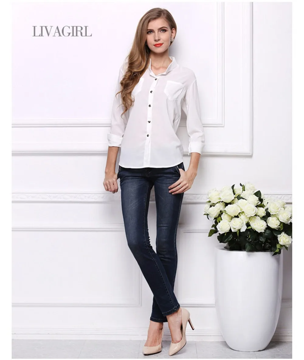Mainland Women Blouses Fashion Summer Style Long Sleeve Sequin Chiffon Ladies Office Shirt White Blue Tops Formal Working Shirt (16)