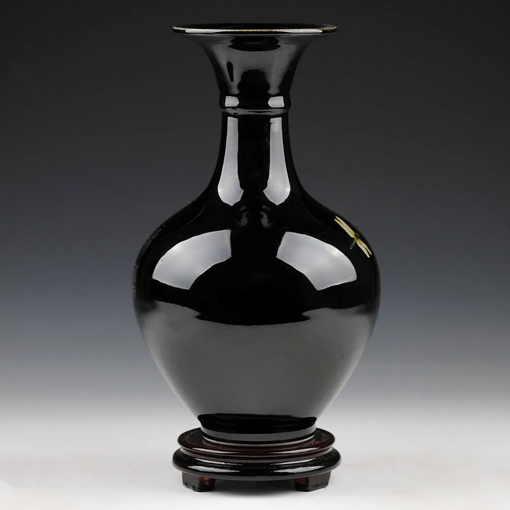 Цзиндэчжэнь остро глазурь черная керамическая ваза с рисунком лотоса для современного домашнего украшения гостиной