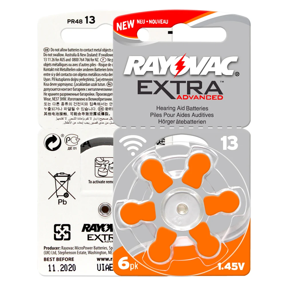 RAYOVAC дополнительные 6 шт. цинковые Аккумуляторы для слухового аппарата 13 A13 P13 PR48 батареи для BTE ITE Слуховые аппараты