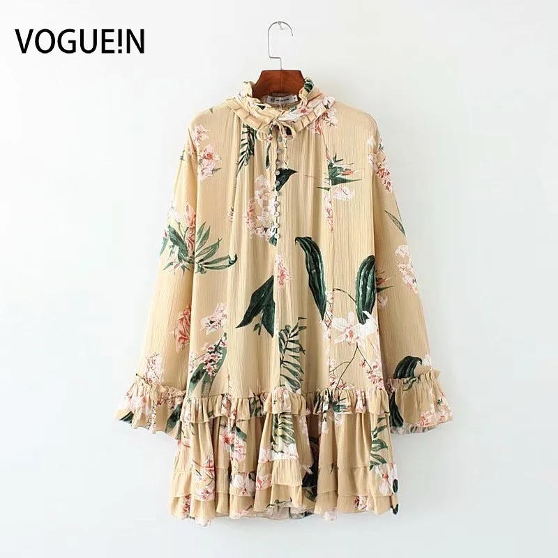

VOGUEIN New Womens Vintage Floral Print Ruffled Loose Mini Dress 2 Colors Wholesale