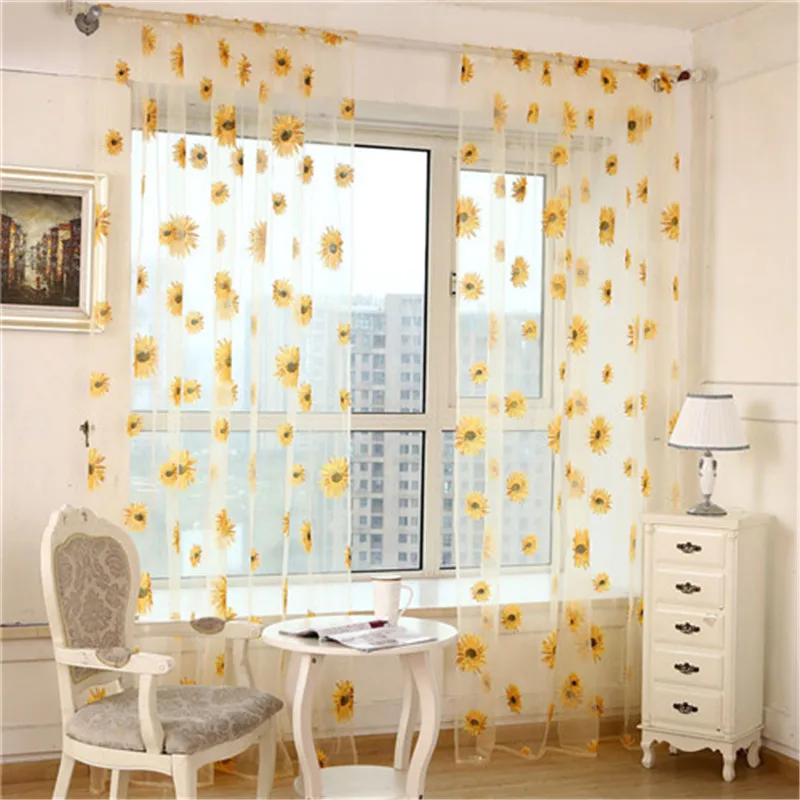 

New Stylish Sunflower Curtains Window Screens Door Balcony Curtain Transparent Panel Sheer Scarfs