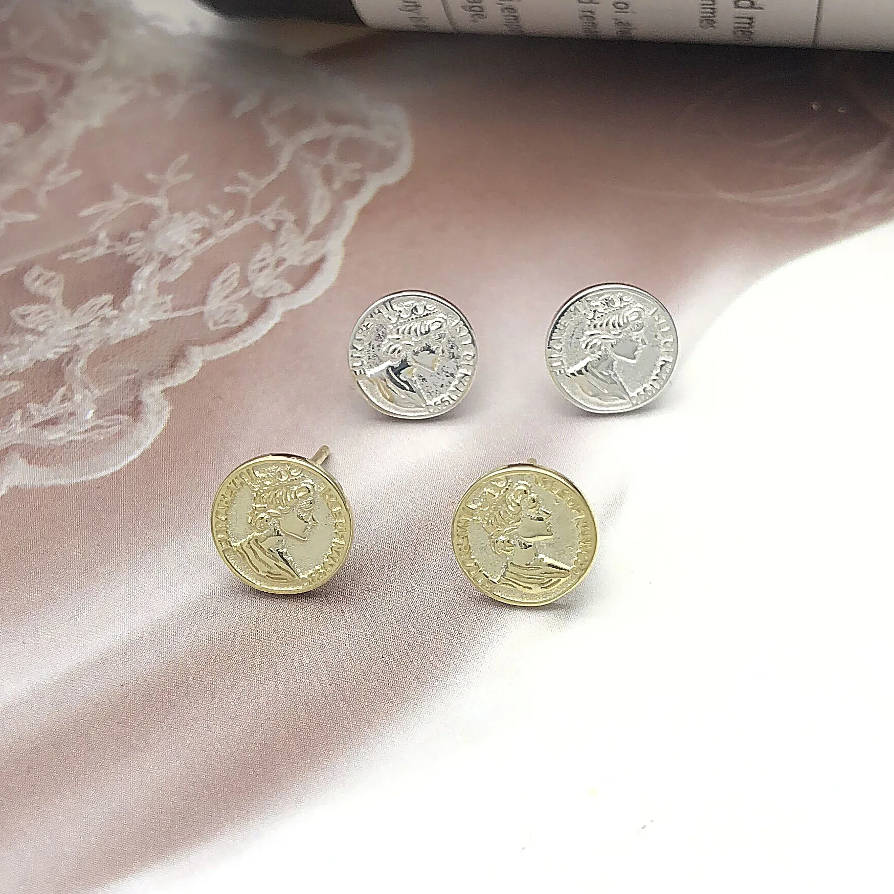 golden portrait coin earrings 100% 925 Sterling silver Jewelry fashion Hypoallergenic Stud earrings for women gift