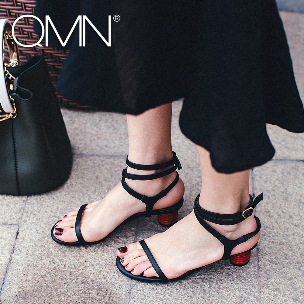 

QMN women genuine leather sandals Women Strange Heels Ankle Strap Summer Leather Shoes Woman Leather Black Sandals