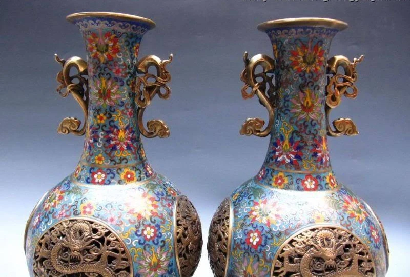 

16" Chinese royal 100% Copper Bronze cloisonne enamel Dragon Vase Pair A