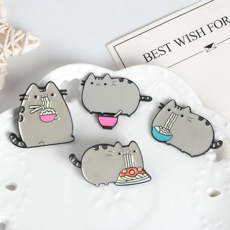 

Fat Cat enamel Pins Badge Cute Gray animal Eating ramen Sit Lying Standing lapel Denim Brooches Cartoon Jewelry charmingly naive