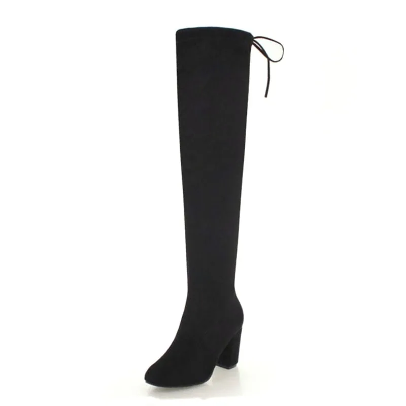 TAOFFEN/Большие размеры 33-45; женские сапоги на высоком каблуке; теплые зимние растягивающиеся сапоги на меху; ботфорты на толстом каблуке со шнуровкой; женская обувь - Цвет: Черный
